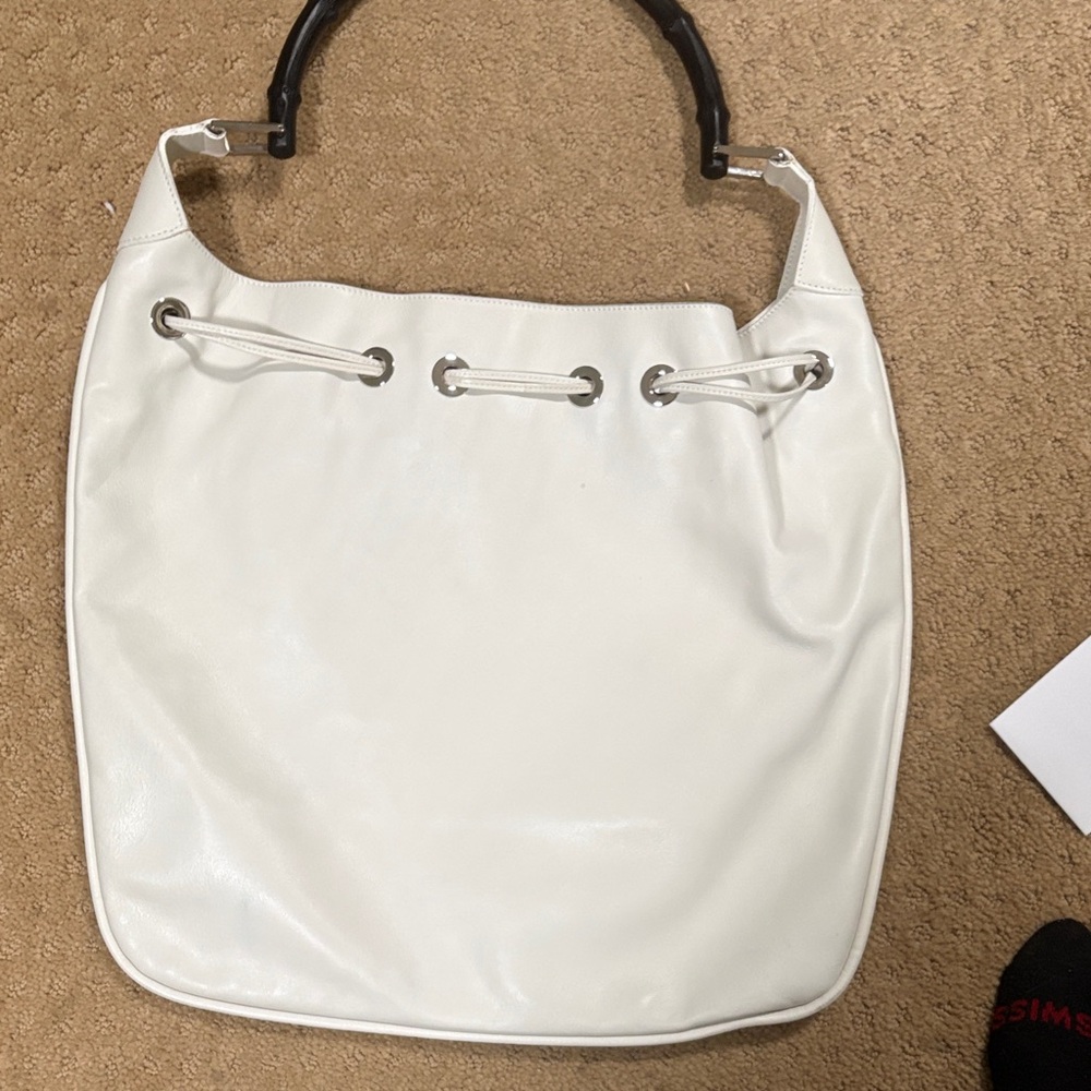 Gucci White Leather Drawstring Shoulder Bag with Bamboo Handle-Bag new - Picture 4 of 16